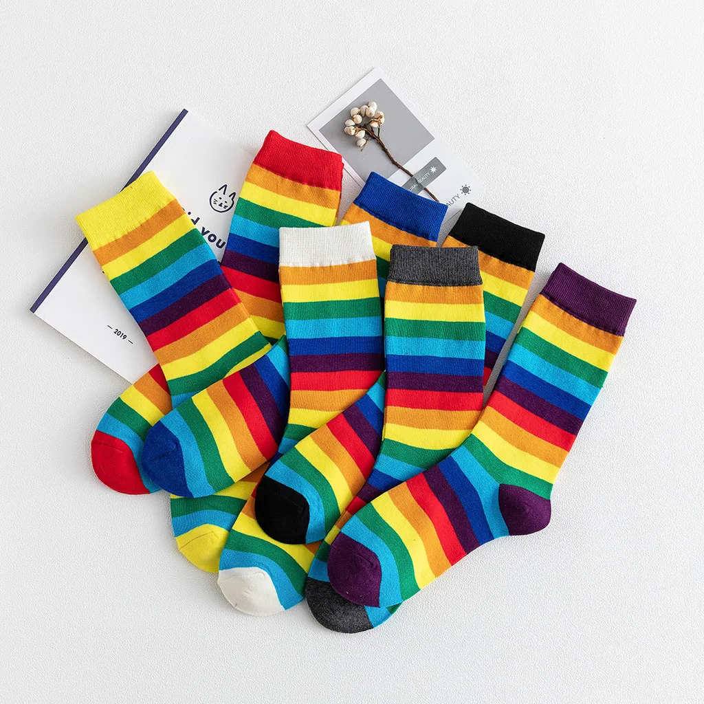 Unisex Cotton Socks New Rainbow Striped Pile Of Socks In The Tube Autumn Winter Fashion Casual Sports College Wind Pile Socks DH