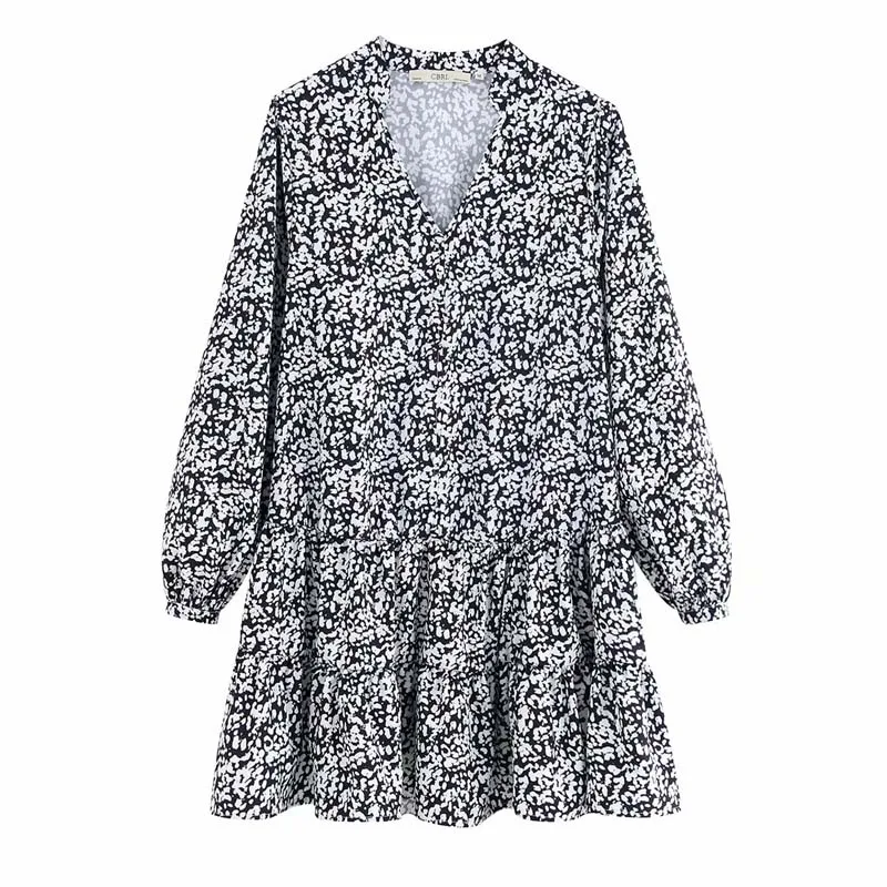

QZ975 New Arrival Abstract Print Long Sleeve V Neck Loose Design Ruffles Sweep Dress Vestidos