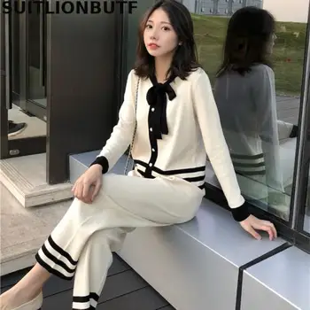 

Elegant Ladies Spring Ice Silk Knitted Soft Two Piece Set Bow Hit Color Cardigan Ropa Mujer Elastic Waist Loose Pants Knit Sets