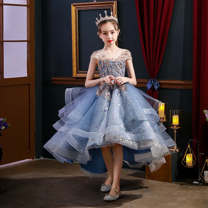 

Fashion Girls Party Princess Tulle Dress Kids Blue Sparkly Exquisite Sequins Bling Dress Children Clothes