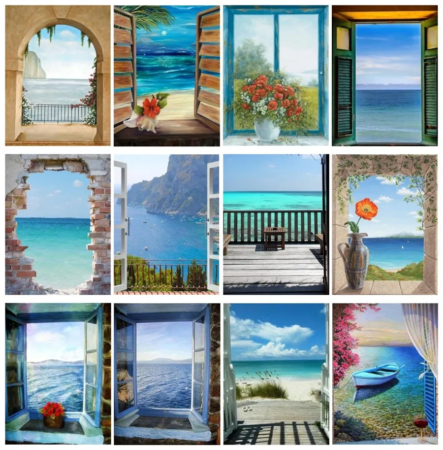 

5D DIY Diamond Painting Cross Stitch "Window sea landscape" Full Round Diamond Embroidery Picture Rhinestone Art