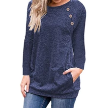 Новая Базовая футболка, зима-осень, женские футболки, круглый вырез, длинный рукав, топ, повседневная, пуговицы, карманы, джемпер, футболка, плюс размер, GV579