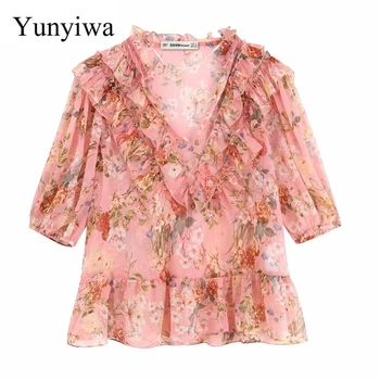 

2020 New Women Sweet V Neck Floral Print Cascading Ruffles Casual Blouse Shirt Women Half Sleeve Chic Chemise Blusas Tops