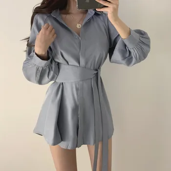 

HAMALIEL Fashion 2019 Autumn Women Two Piece Shorts Chic Full Lantern Sleeve Loose Blue Lace Up Shirt + Elastic waist Shorts Set