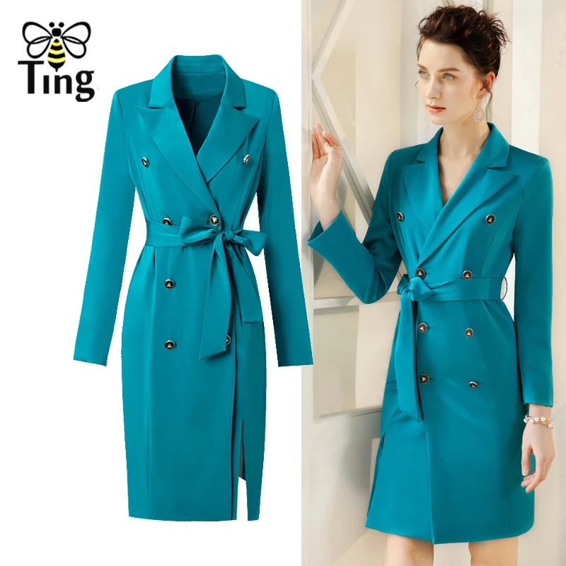 

Tingfly 2020 New Designer Notched Collar Double Breasted Dress Fresh Blue Color Slip Mini Dress Lady Office Work Vestidos