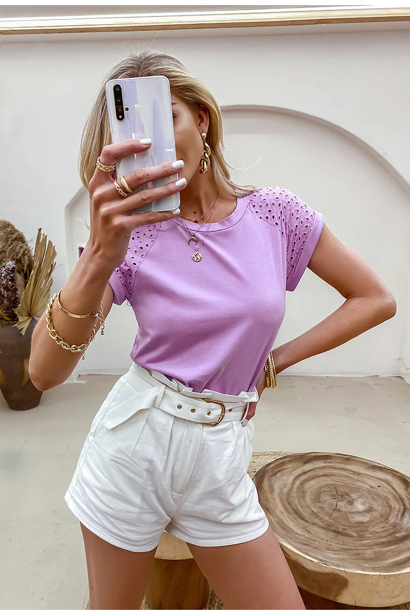 Simplee Casual solid Lace stitching cotton women T-shirt summer Hollow out sleeves o-neck female tops leisure Basic T-shirt new