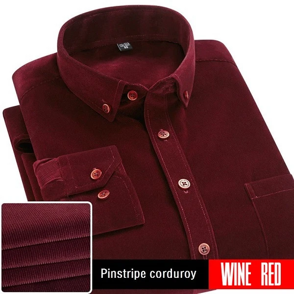 wine red pinstripe Весна-Осень, Мужская теплая Вельветовая рубашка с длинным рукавом, деловая рубашка, блуза, повседневная одежда, винтажная мужская рубашка - Цвет: wine red pinstripe