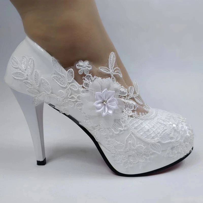 

2021 New Women White Flower Bride Wedding Shoes Party Dress Shoes Ladies Round Toe High Heel Pumps Thin Heels Princess shoes
