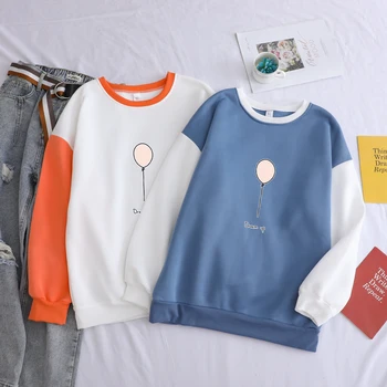 

Cute Lovely Balloon Print Patchwork Fleece Hoodies Cotton Sweatshirts Hip Hop Casual Drop Shoulder Streetwear Fashion Pullover
