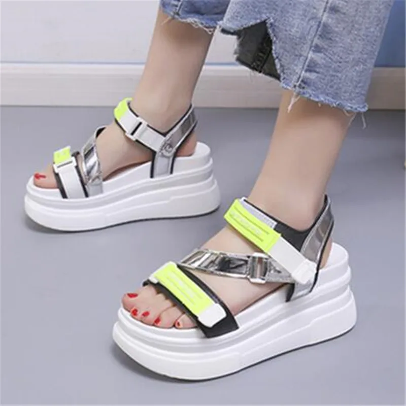 

2020 Height Increasing Thick Bottom Sole Wedges Sandals Women Hook & Loop Summer Sequins Platform Chunky Sandalias Mujer 35-40