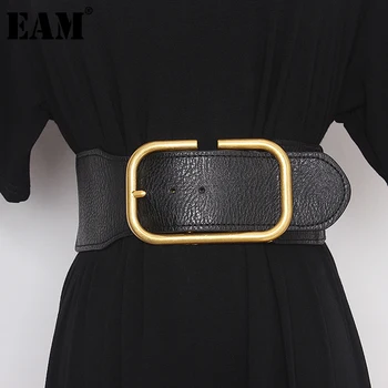 

[EAM] Pu Leather Black Buckle Spit Joint Long Wide Belt Personality Women New Fashion Tide All-match Spring Autumn 2020 1DA657