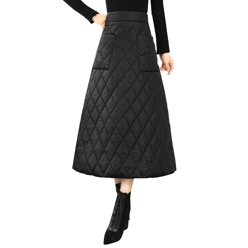 Черный пуховик из хлопка размера плюс винтажная одежда с высокой талией Осень Зима повседневные свободные длинные юбки женская юбка женская уличная одежда