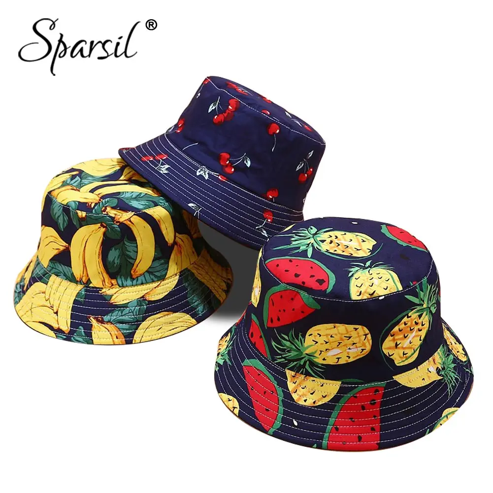 

Sparsil Unisex Fruits Printed Bucket Hat 2-Side Wearable Cute Summer Hat Cotton Foldable Caps Sun Protected Fishing Beach Panama