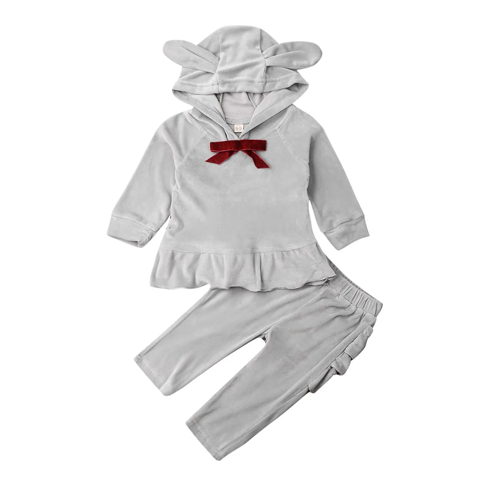 Toddler Kids Baby Girls Boys Clothes Sets 0-3Y Velvet Ear Hooded Top Sweatshirt+ Pants Trousers Set Tracksuits Clothing - Цвет: Серый