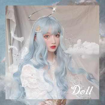 

AILIADE Wigs Nature With Bangs Light Blue Long 28inches 70CM Curly Wavy Fake Hair Heat Resistant Wave Lolita Cosplay Party Wigs