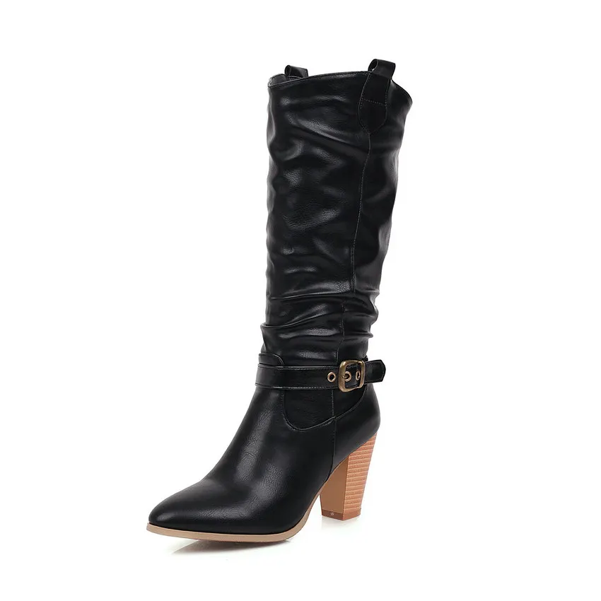 ENMAYER Basic winter boots women Pointed Toe Mid-Calf Boots Faux Suede Slim Boots Spike Heels Zip Women Shoes Size 34-43 - Цвет: Черный