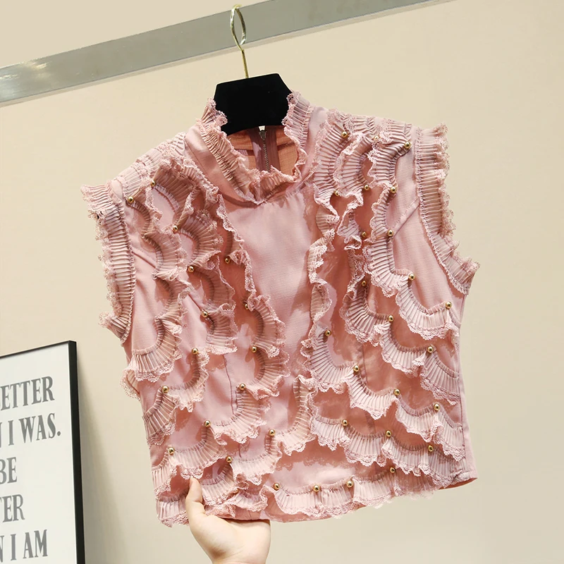 

Crop Top Woman 2020 Summer Riveting Nail Short Ruffled Stand Collar Sleeveless Chiffon Shirt Women's Short Blouse Slim Fit Blusa
