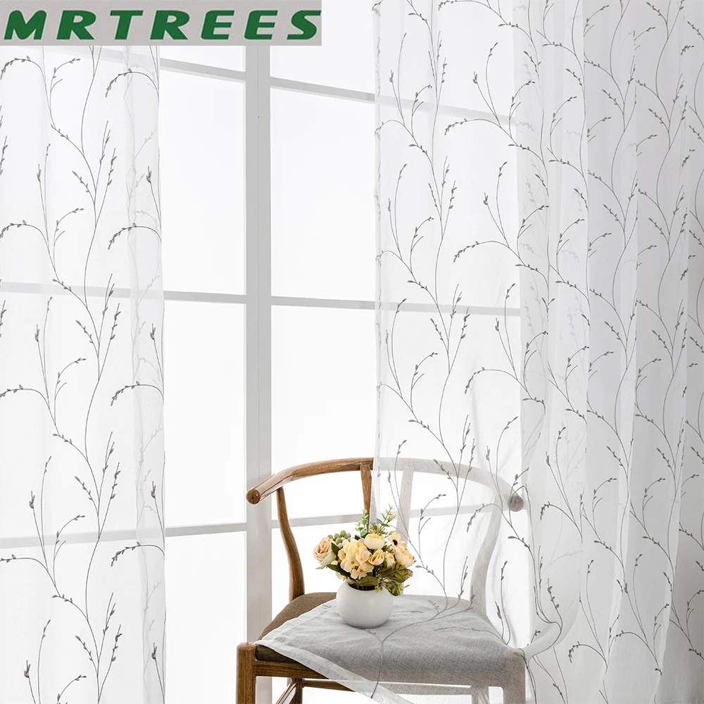 MRTREES  Leaves Embroidered Sheer Curtains Tulle Voile Curtains for Living Room Bedroom Kitchen Window Treatment Drapes
