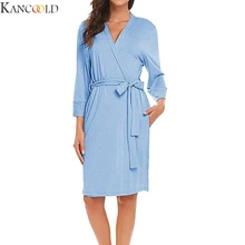 KANCOOLD зимний Одноцветный женский халат 4/3 рукав v-образный вырез легкий с поясом длинный халат женский мягкий халат для сна