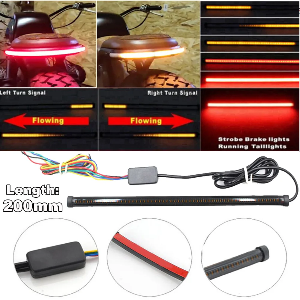 

Motorcycle 20cm Flowing LED Light Strip Red+Amber Tail Brake Turn Signal Strip Lights Lamp Bar Sequential Switchback Universal