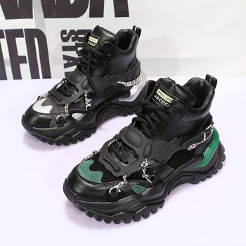 

Womens Round Toe Match Colors Platform Metal Chain Detachable Chunky Hidden Heel Sneakers Casual Shoes High Top Punk New 2020