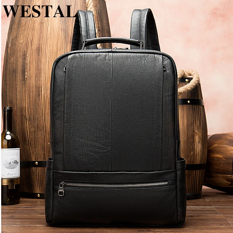 Мужские рюкзаки WESTAL, настоящий кожаный школьный рюкзак для подростка, 15,6 дюймов, сумка для ноутбука, большая дорожная сумка для мужчин, рюкзак 8723