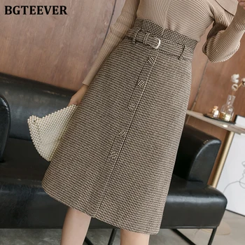 

BGTEEVER Winter Woolen Plaid Women Skirts 2020 High Waist Sashes Single-breasted Skirts Female Vintage Thick Skirts femme faldas