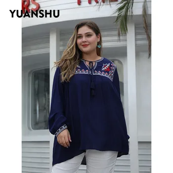 

YUANSHU Elegant Vintage Plus Size Blouse Women Embroidery Lace-Up Collar Loose Tops 3XL 4XL Large Size Streetwear Women Shirt