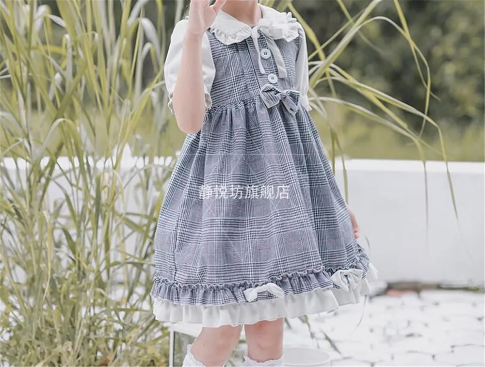 Sweet lolita dress vintage bowknot high waist short/long sleeve lattice victorian dress kawaii girl kids B817