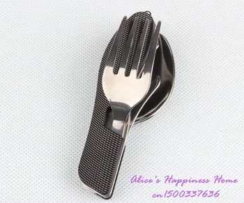 

Black Camping tableware multi-function folding knife and fork spoon combination Disassembling tableware stainless steel tool