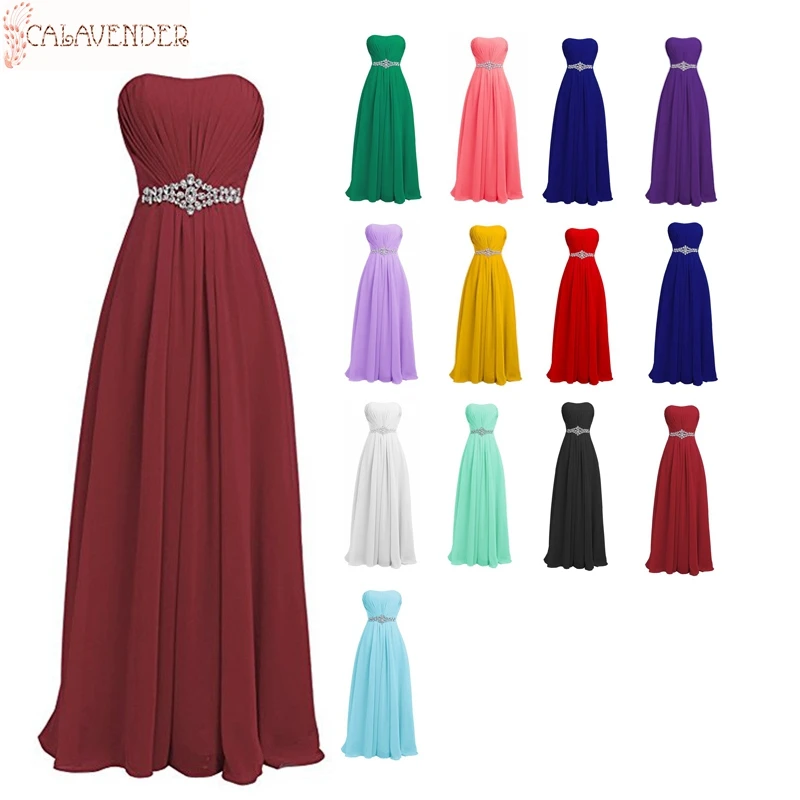 

Strapless Chiffon Bridesmaid Dresses A-Line Crystals Beading Plus Size Maid of Honor Dresses Floor Length Wedding Guest Dresses