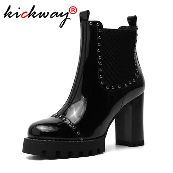 

Women Platform High Heel Ankle Boots Genuine Leather Women Booties Black Round Toe Thick Heels Botas Mujer Large Size 34-42