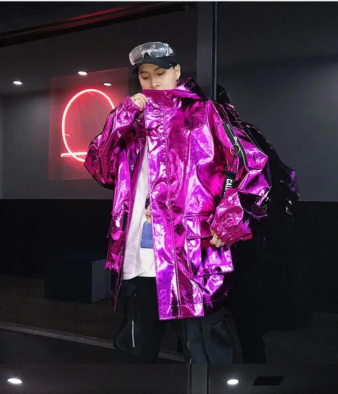 S-XXL! Мужская Глянцевая кожаная куртка в стиле хип-хоп для ночного клуба, сценический костюм, серебряная куртка с капюшоном, красивая мужская одежда
