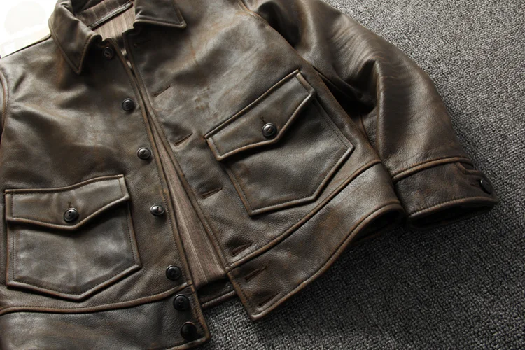 cowhide coat Free shipping.Wholesales.Classic vintage leather jacket.quality Mens brown genuine leather coat.Full grain cowhide clothing cowhide coat