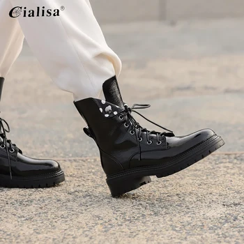 

CIALISA Women Shoes 2020 Fashion White Warm Ankle Boot Genuine Leather Handmade Round Toe Mid Heel Lace Up Motorcycle Boots