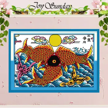 

Free ShipThree Fish Fight for Moon Counted Cross Stitch 11 14CT Cross Stitch animals Cross-Stitch Kit Embroidery for Needlework