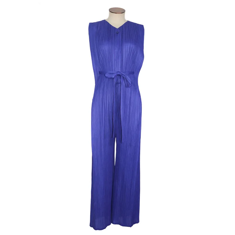 dark blue Новая модная летняя женская одежда с круглым вырезом без рукавов, плиссированный комбинезон с высокой талией и широкими штанинами WG55911 OL - Цвет: dark blue