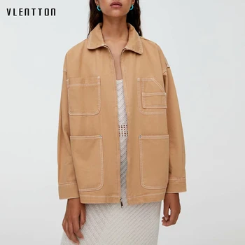 

2019 Autumn Khaki Vintage Female Jacket Coat Solid Pockets Zipper Casual Jackets Woman Outerwear Tops Feminine Chaqueta Mujer