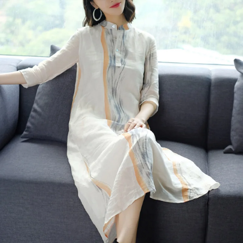 

2018 New Style Retro Literature And Art Three-quarter-length Sleeve Loose-Fit Printed Ramie Dress Summer Mid-length Slimming WOM