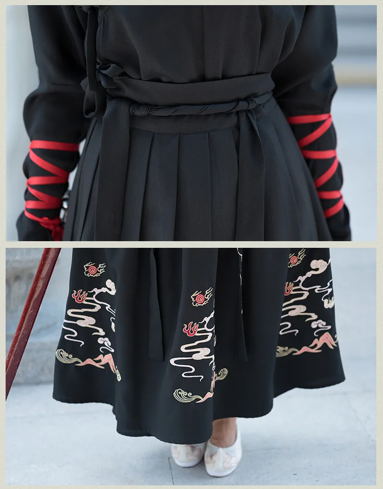 Черные танцевальные костюмы с вышивкой Hanfu для женщин и мужчин, праздничный наряд, одежда для Рейв, выступлений, певцов, народное платье феи, 2 шт. DC3181