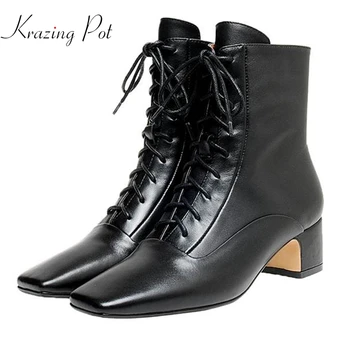 

Krazing Pot genuine skin med heel square toe lace up keep warm black color European design career concise style ankle boots L32