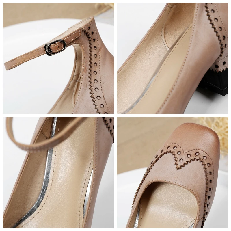 KemeKiss Real Leather Women Pumps Solid Color Ankle Strap Buckle Shoes Women Sewing Print Sweet Office Footwear Size 34-39