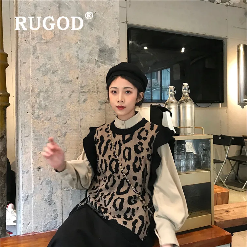 RUGOD Новая Осенняя женская рубашка и свитер с леопардовой раскраской жилет с воротником-стойкой, свбодная рубашка с круглым вырезом Бабочка пуловер без рукавов жилет