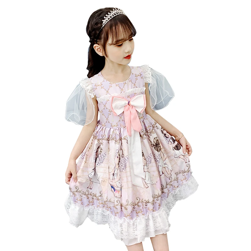 Girls dress summer bowknot short-sleeved Lolita dress children summer new girl Korean version of foreign princess skirt