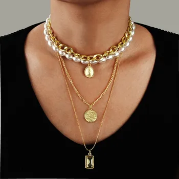 

New fashion gold multi-strand pearl necklace geometric crystal pendant necklace for women and coin sweater chains
