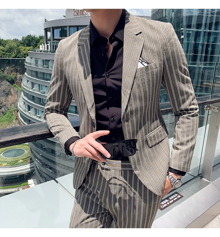 trajes para hombre мужские костюмы наборы костюм жениха деловая повседневная одежда костюмы для выпускного вечера полосатые Дизайнерские мужские модные пальто брюки 2 шт
