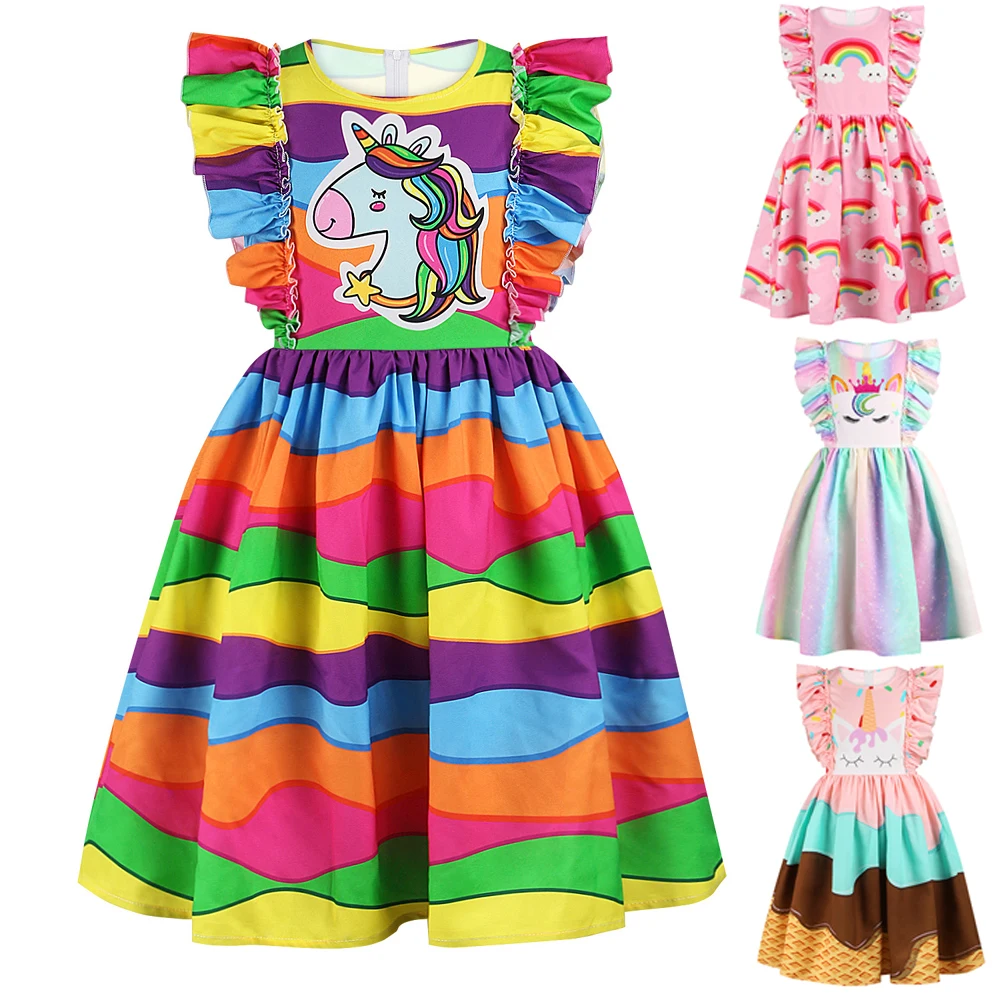 2020 летнее платье для девочек с рукавами-фонариками и принтом единорога детские
