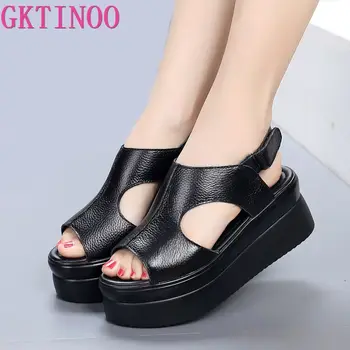 

GKTINOO 2020 New Women Sandals Genuine Leather Summer Shoes Rome PlatformThick Bottomed Breathable Comfortable Women Sandals