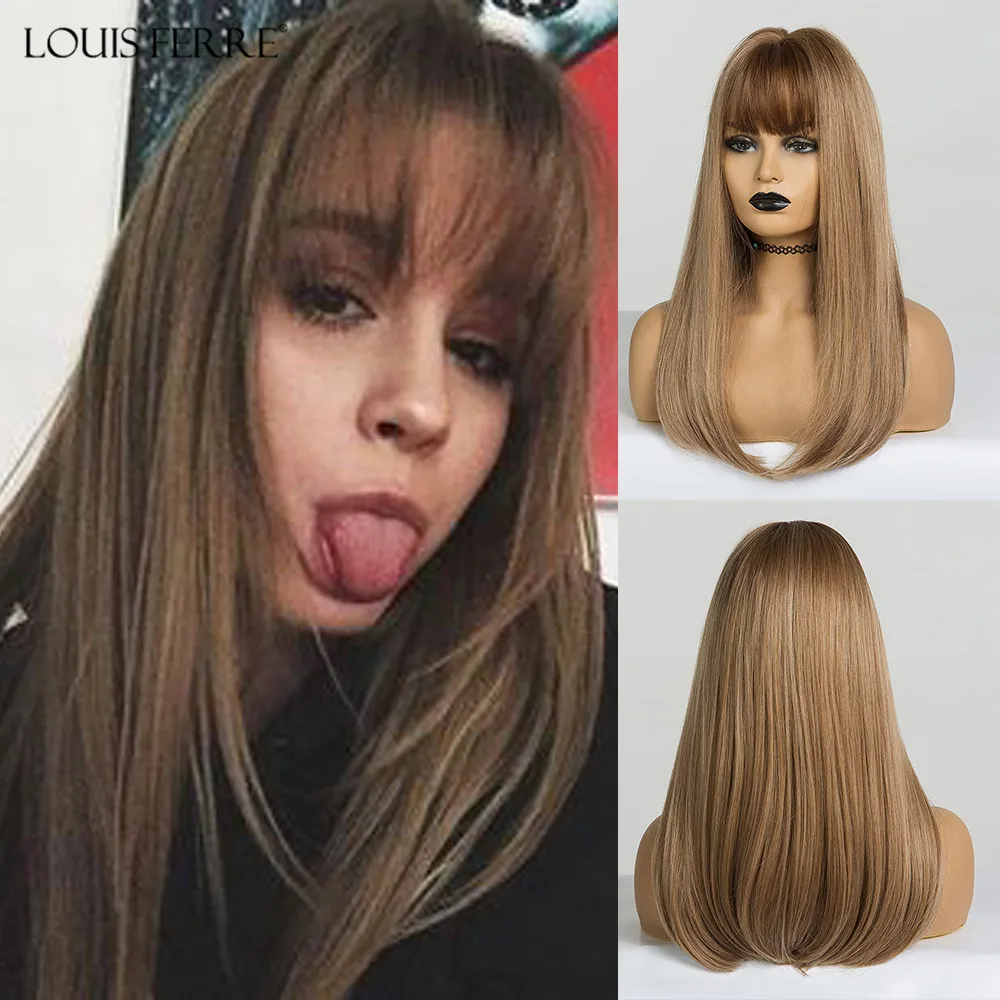 

LOUIS FERRE Long Brown Blonde Wigs with Bangs Heat Resistant Synthetic Straight Wigs for Women African American Fake Hair