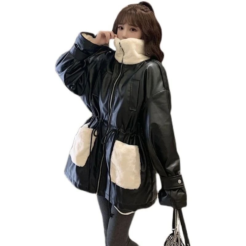 fur-one-pu-leather-jackets-women's-clothing-autumn-winter-coats-drawstring-waist-locomotive-jackets-stand-collar-outerwear-d801